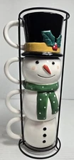 Christmas Snowman Coffee Mug Set of 4, 12 oz Ceramic, Hand Painted, Stackable,
