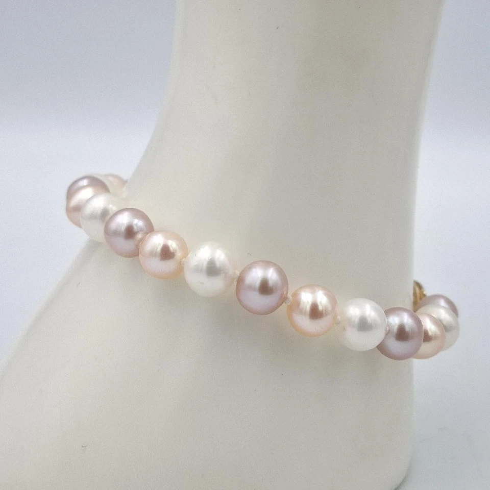 7.5" 14K Yellow Gold 7mm Pink Peach White Multi-Colored Cultured Pearl Bracelet - Image 4 of 4