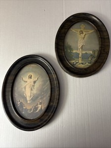 Pair Antique Oval Tin Religious Lithograph Prints 7”x 9” Crucifixion & Ascension