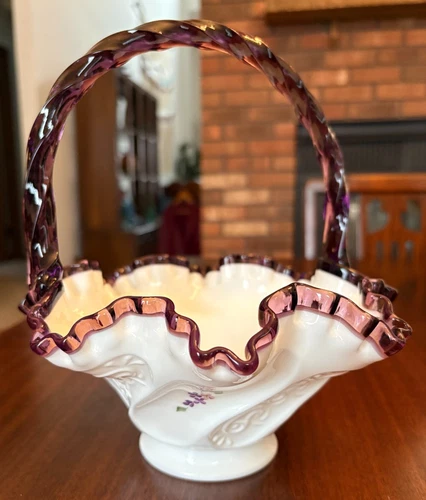 RARE Limited Edition Bill Fenton Paisley Plum Crest Glass Basket Family Signed