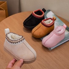 KIDS GIRLS SLIP ON PLATFORM WARM FAUX FUR SHOES SNOW ANKLE BOOTS BOYS SLIPPERS