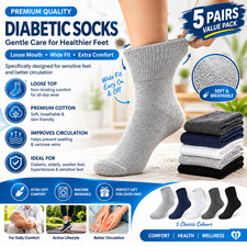 5 Pairs Diabetic Socks Loose Top Non-Binding Cotton Comfort Wide Fit Breathable