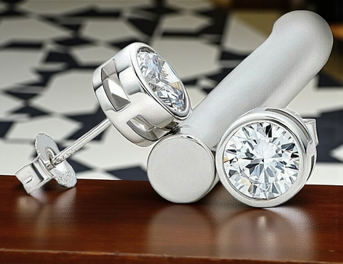 2Ct Lab Created Diamond Bezel Set Stud Earrings 14K White Gold Plated Push Back - Picture 4 of 5