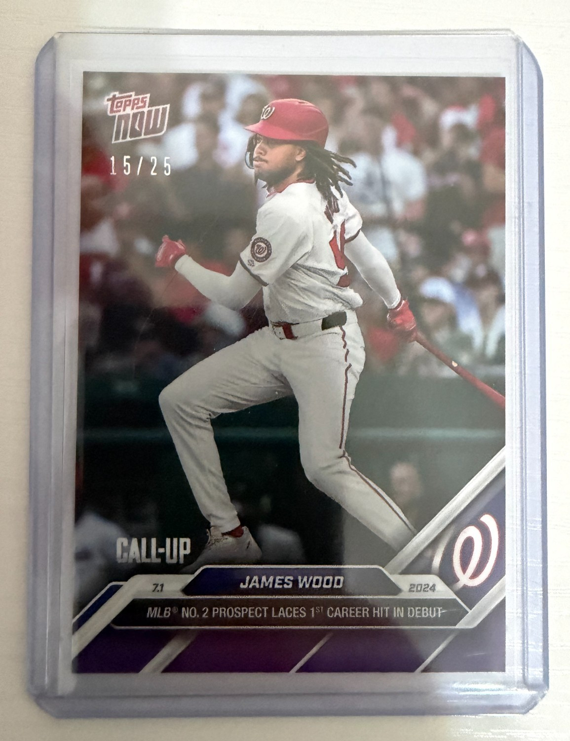 2024 Topps Now #367 James Wood Call-Up Laces 1st Career Hit Purple Rookie   /25