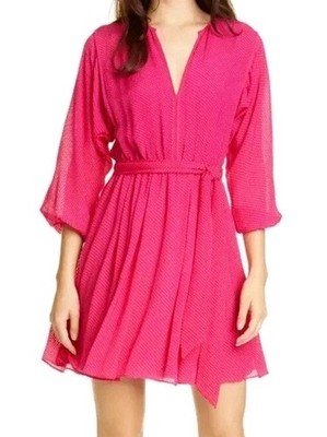 Joie Favia Fuchsia Pink Silk Mini Dress XS Long Sleeve Tie Waist NWT Chiffon 