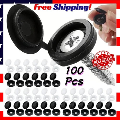 #ad 100 Pcs Black Hinged Screw Cover Caps – Snap Flip Tops w Washers Small $4.85