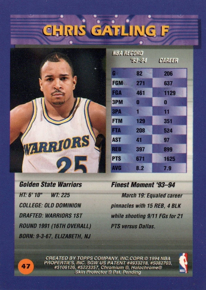 Topps Finest ##47 Chris Gatling 1994 Foto 2 de 2