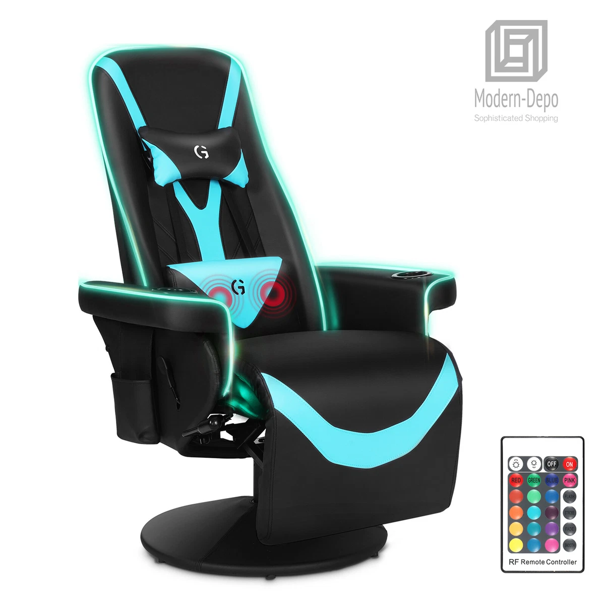Swivel Gaming Chair Ergonomic Recliner w RGB LED Lights Massage