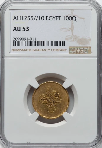EGYPT - OTTOMAN , GOLD 100 QIRSH SULTAN ABDUL MEJID 1255/10 AH NGC AU 53 ,RARE15