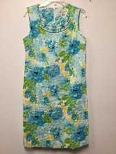 Kim Rogers Women Summer Dress Size 10 Blue Green Linen Floral Lined Back Zip 143