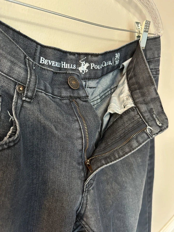 BEVERLY HILLS POLO CLUB Hombres 30x30 Lavado Oscuro Pierna Recta Denim Gris JEANS Foto 3 de 4
