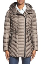 Halogen Beige Green Quilted Hooded Women's Zip Jacket Down Coat Size:l