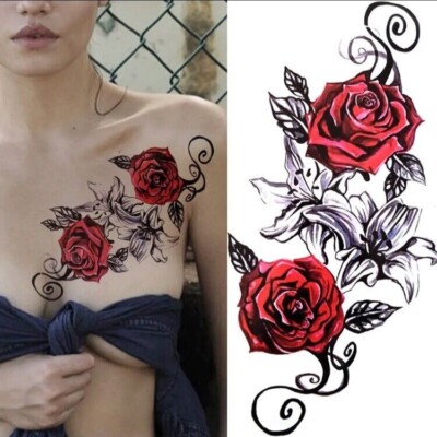 2 Stck. Rote Rose Körper Tattoo, Temporär Fake Körper Tattoo Blumen Blume Tattoo 