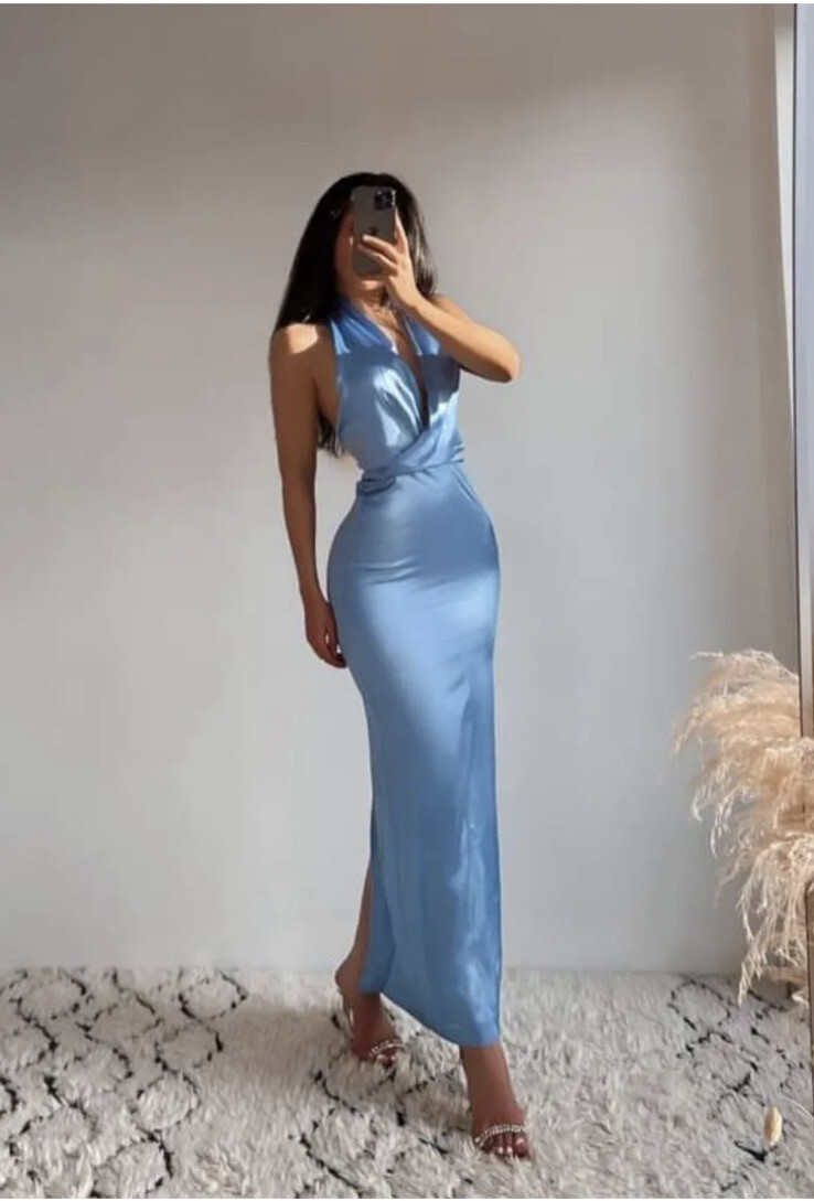 ZARA SKY BLUE SATIN SILKY HALTERNECK OPEN BACK MIDI DRESS SIZE M BNWT |  eBay UK