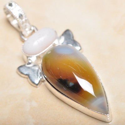 Pendentif En Argent 925 Et Pierres Naturelles - Agate Du Botswana, Onyx, Jasper