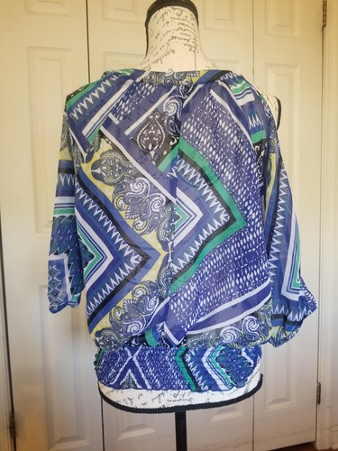 IZ Byer Top Large Blue Multi Paisley Scoop Nk ShSlv Cold Shldr Elastic Waist EUC - Picture 6 of 15