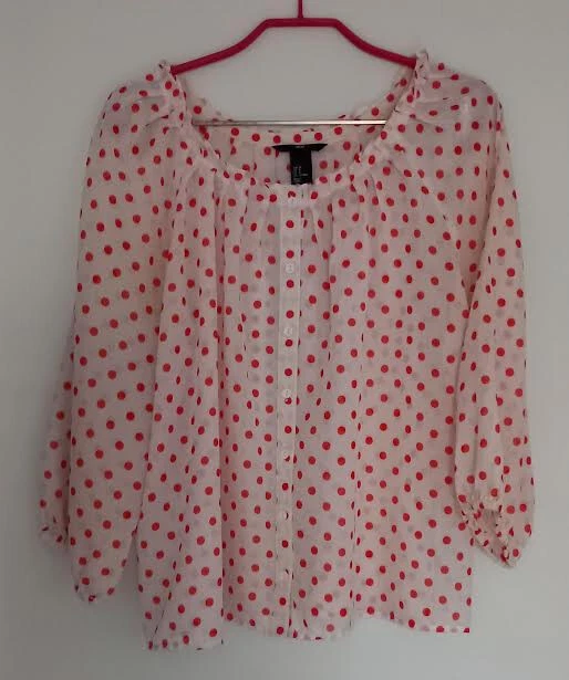 Chemisier Blouse Voile H&M Taille 38 - Blanc à Pois Roses - Manches 3/4 - Occasion Parfait État