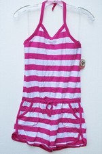 SO Girls L 14 XL 16 Striped Knit Halter Romper w/ Drawcord Shelf Bra Pink White