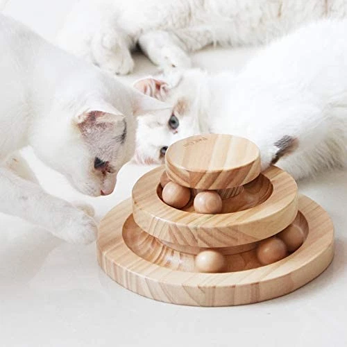 Interactive Wooden Cat Toy Double Layer Swivel Smart Track Ball Scha...