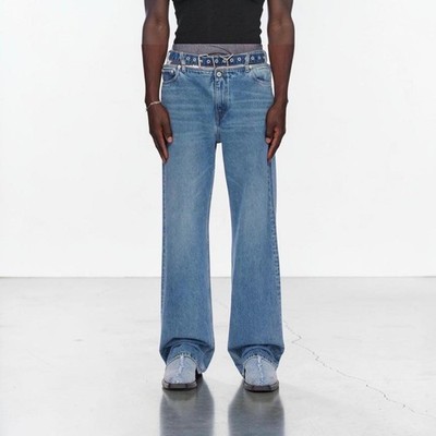 Y/Project Evergreen Y Belt Wide Denim Jeans Vintage Blue Size 31