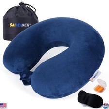 Memory Foam Travel Neck Pillow Set with Sleep Mask Earplugs - Navy Blue