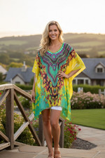 Womens Yellow & Green Sheer Georgette Kaftan Oversized Boho Beach Cover-Up L-4X