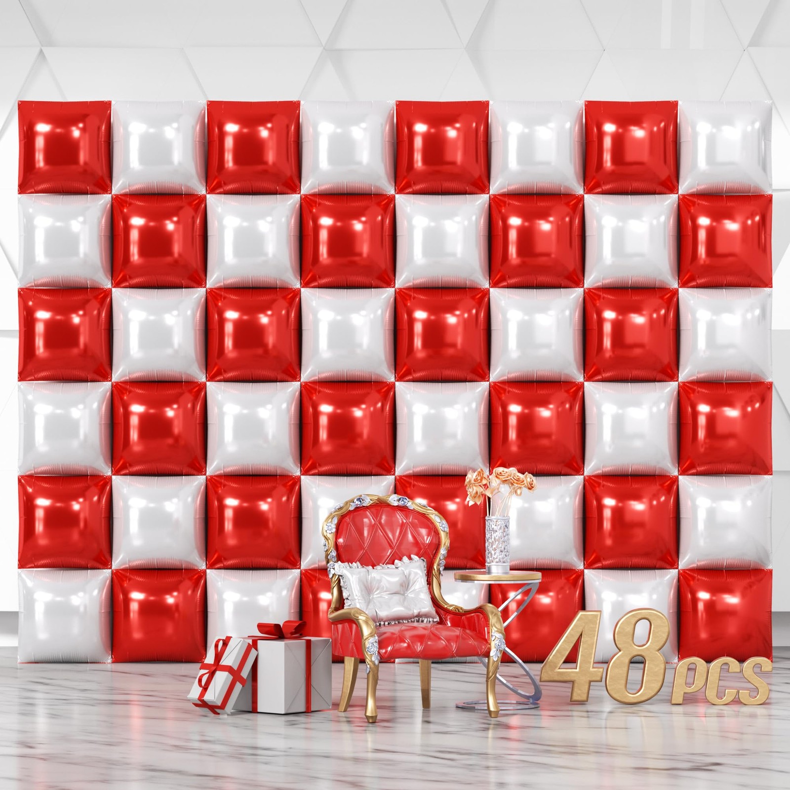 48PCS Red White Square Foil Balloons Wall Backdrop Double Sided Red Pearl Whi...