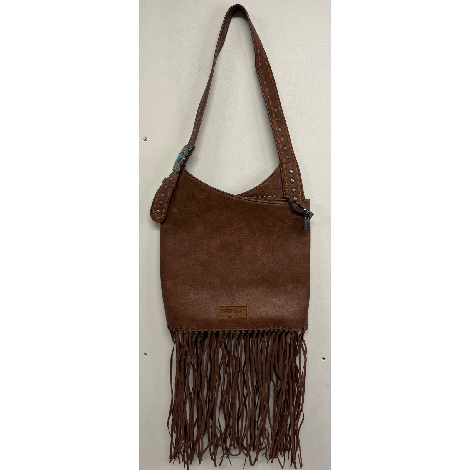 Wrangler Brown Leather Fringe Hobo Bag Western Boho Studded Turquoise Accent