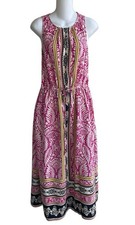 Loft Pink Multi Sleeveless Maxi Dress Elastic Waist Drawstring Cut Out Back Med