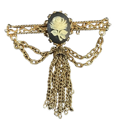 Vintage Victorian Revival Brooch Pin Rose Faux Cameo Tassel Gold Tone Scroll