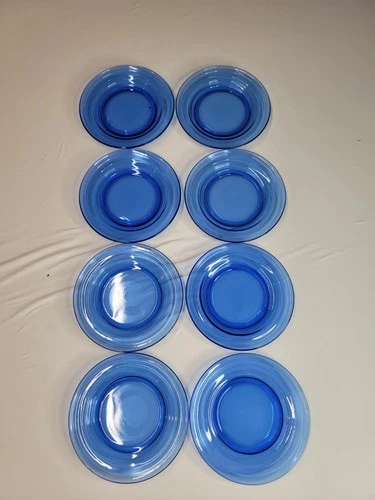 Vintage Hazel 7” Atlas Glass Plates, Moderntone Cobalt Blue Depression, set of 8