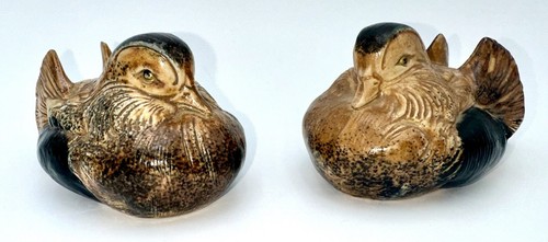 Vintage OMC Japan Otagiri Ceramic Mandarin Duck Figurines Brown Glaze Set Of 2