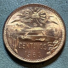 1963 Mexico 20 centavos coin - BU++ Brilliant uncirculated RD Red