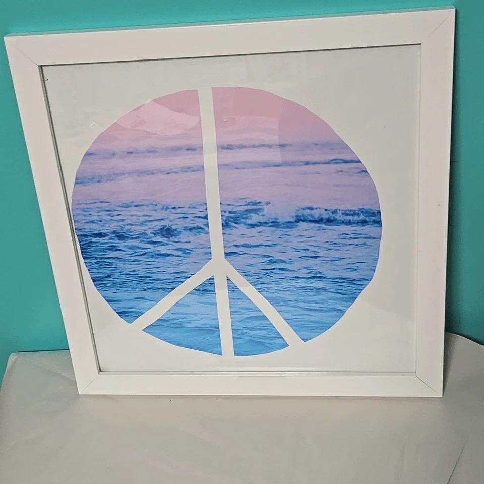 Vintage Y2K Peace Sign Ocean Waves White Framed Wall Decor - Image 3 of 4