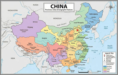 China Map Poster 11X17 | Laminated Double-Sided Geography Chart with Color Map F