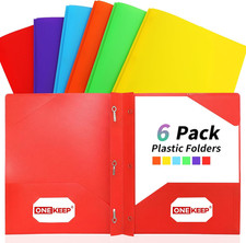 6 Pack Plastic Folders with Pockets Prongs, Assorted Colors Durable 3-Prong
