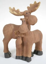 Moose Family Figurine wood carved look 7" tall