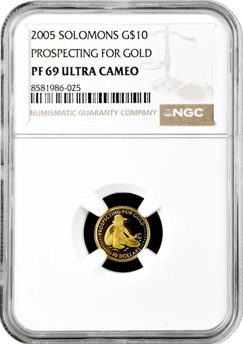 Solomon Islands 10 dollars 2005, NGC PF69 UC, "Prospecting for Gold" Top Pop