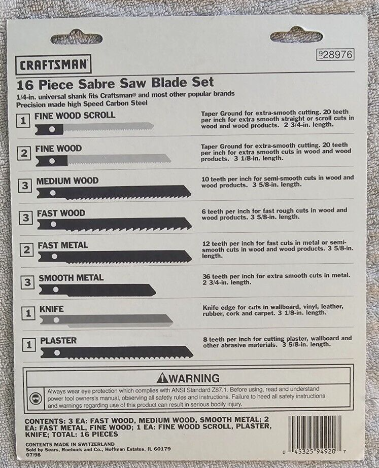 CRAFTSMAN NOS Sabre Saw Blade Set 16 piece Metal Wood Etc 9 28976