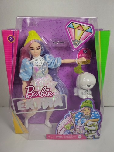 Barbie Extra Doll #2 in Shimmery Look with Pet Puppy 15 Styling Pieces, NEW - Picture 1 of 8