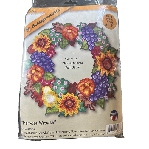 Design Works Plastic Canvas Wall Decor "Harvest Wreath" 1 983 Fall Sunflowers