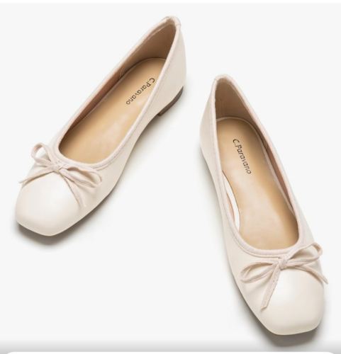 C.Paravano Flats Shoes Women Size 41/10.5 White Ballet Flats Square Toe Bow