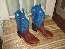Old West Kids Brown Blue Leather Western Boot Square Toe sz 2.5 D Style BSC1840