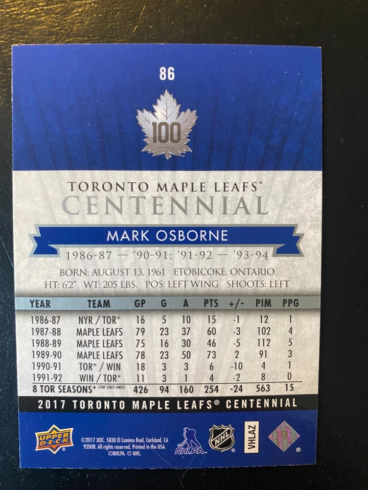 Mark Osborne 2017 Toronto Maple Leafs Centennial #86 - Image 2 of 2