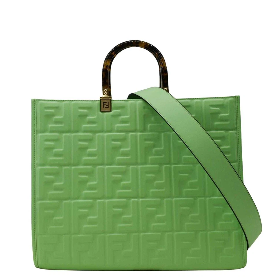 FENDI Sunshine Medium Embossed Leather Shopper Tote Bag Green