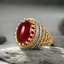 925 Sterling Silver Red Cubic Zirconia Stone Turkish Men's Ring