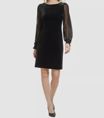Karl Lagerfeld Paris Women's Black Velvet Round Neck Sheer Sleeve Dress Sz 12