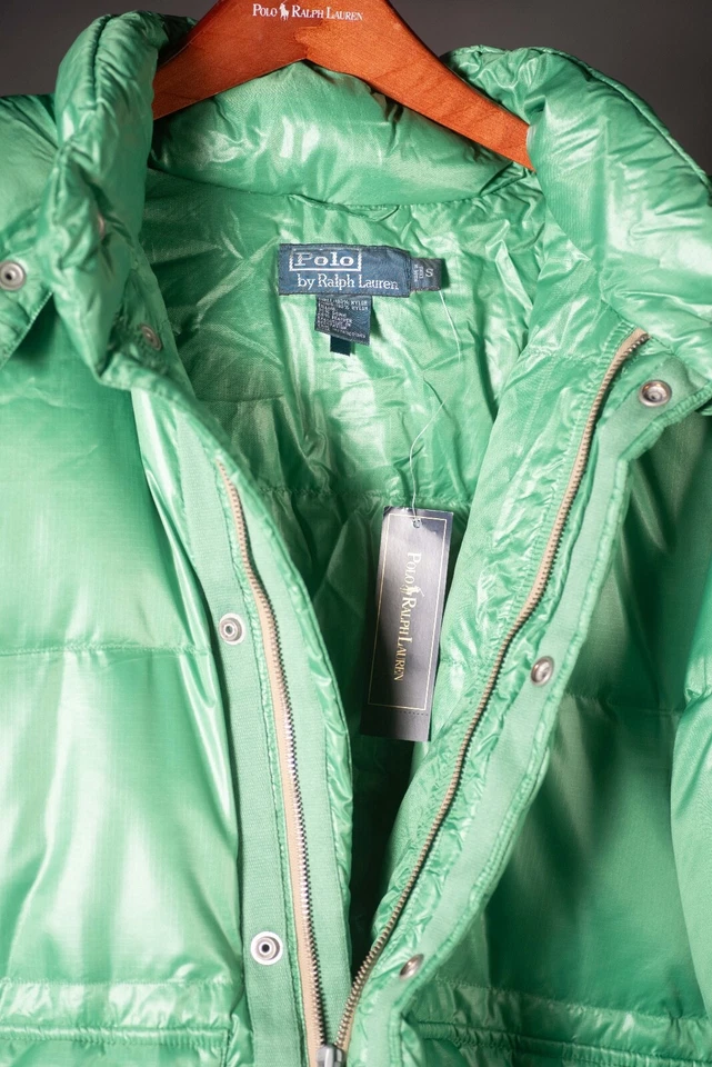 Chaqueta de plumón verde vintage nueva con etiquetas Polo Ralph Lauren para hombre talla pequeña detalles de cuero Foto 2 de 4