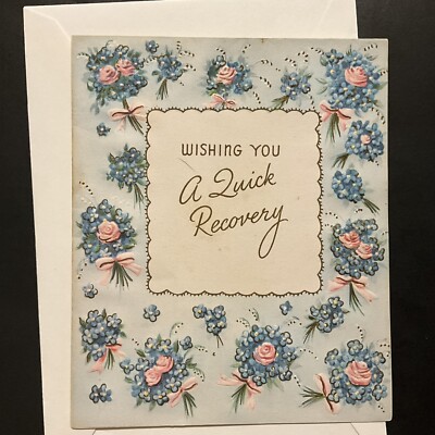 Vintage Greeting Card Get Well Soon Blue Pink Bouquets Wishing U Quick Recovery