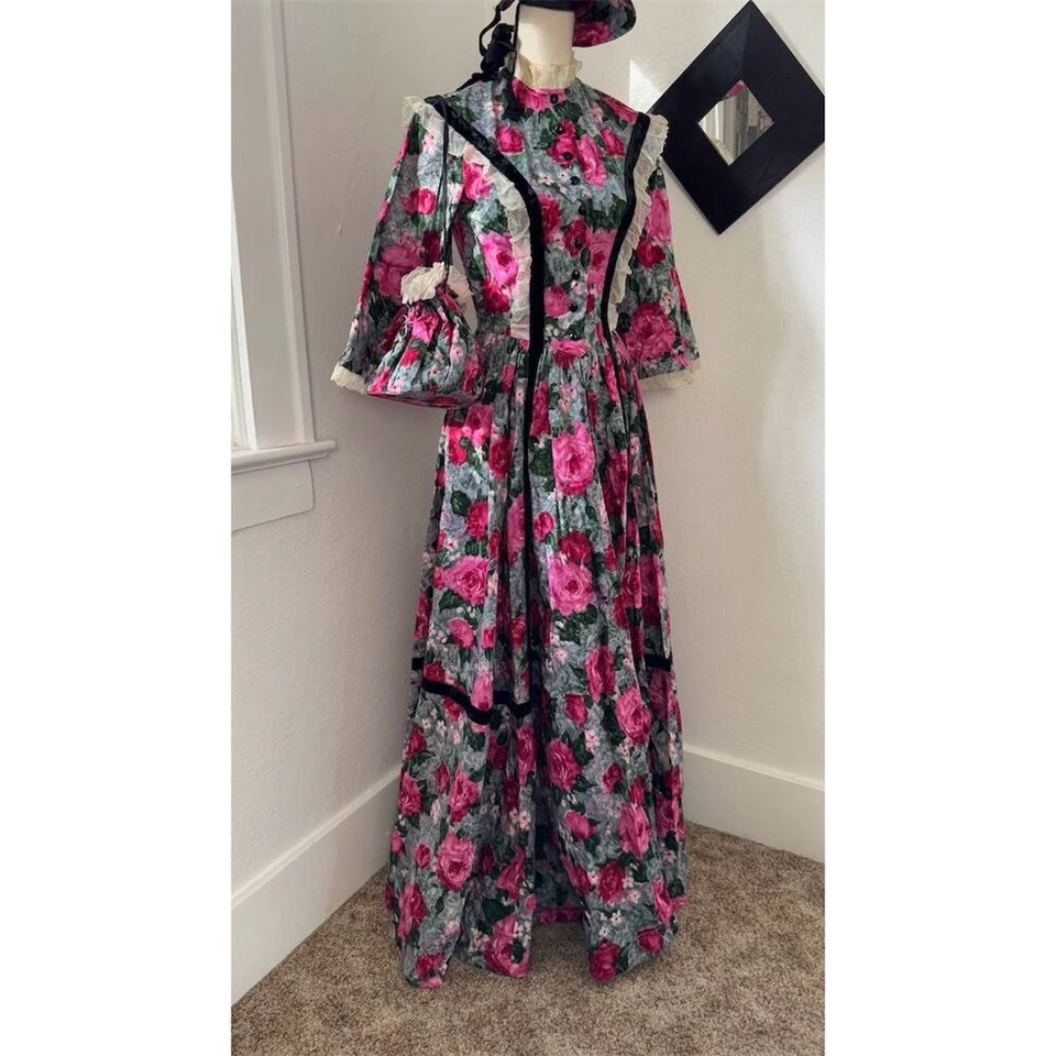 IMPRESIONANTE Hecho a Mano Vintage Victoriano Floral Vestido Sol Sombrero Conjunto Bolso de Mano para Mujer Talla S Foto 2 de 4